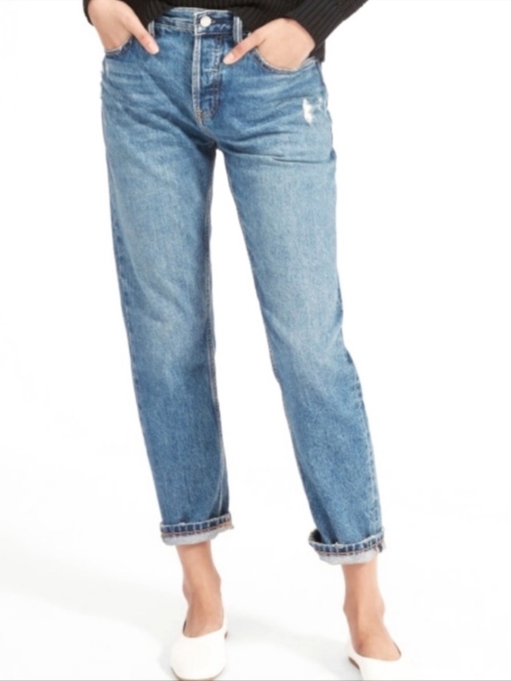 Everlane O-S Boy Friend Distressed Cropped Blue Jeans 25